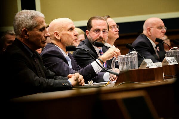 The F.D.A. commissioner, Dr. Stephen Hahn, second from left, testified at a House hearing in February about the coronavirus outbreak.