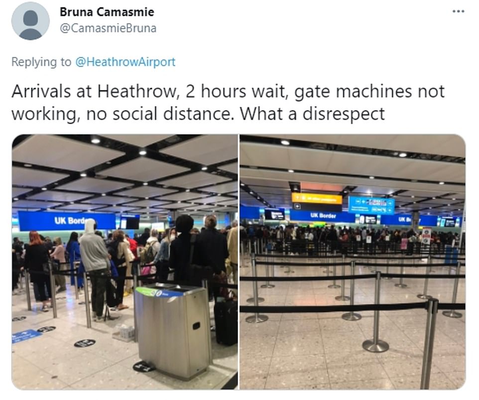 Bruna Camasmie complained of two-hour queues at border control at Heathrow Airport, where five flights from India are due to arrive today