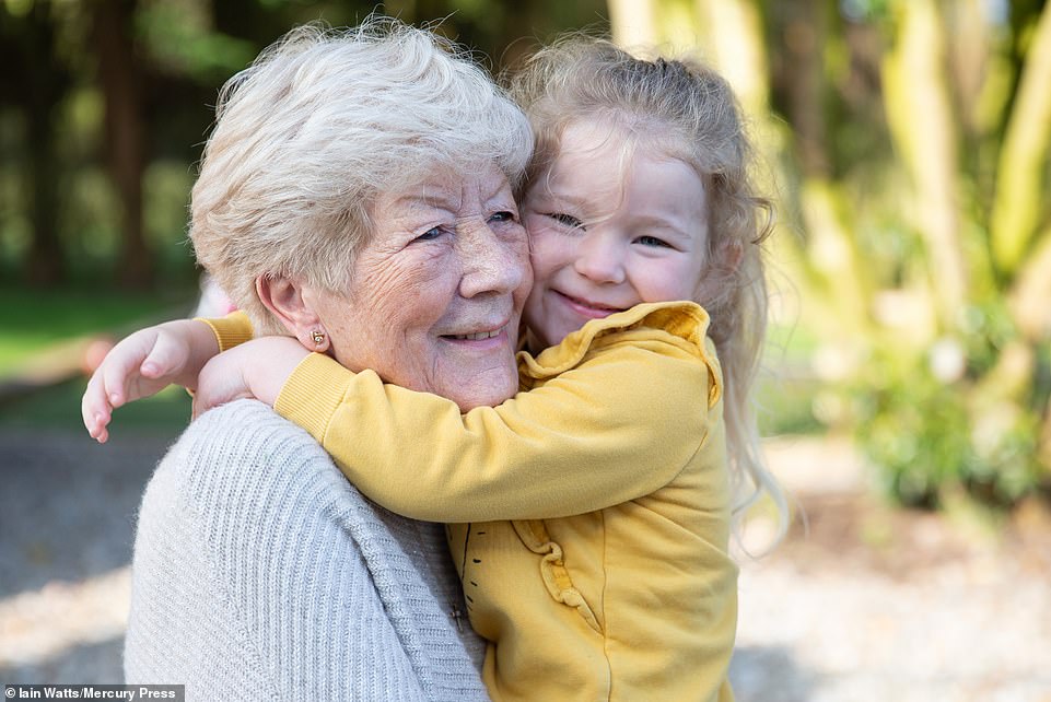 May Morris is hugged by her granddaughter Francesca Royle for the first time in months this morning in Carlisle